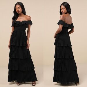 Lulus Always Remarkable Black Pleated Off-the-Shoulder Maxi Dress Size Medium‎